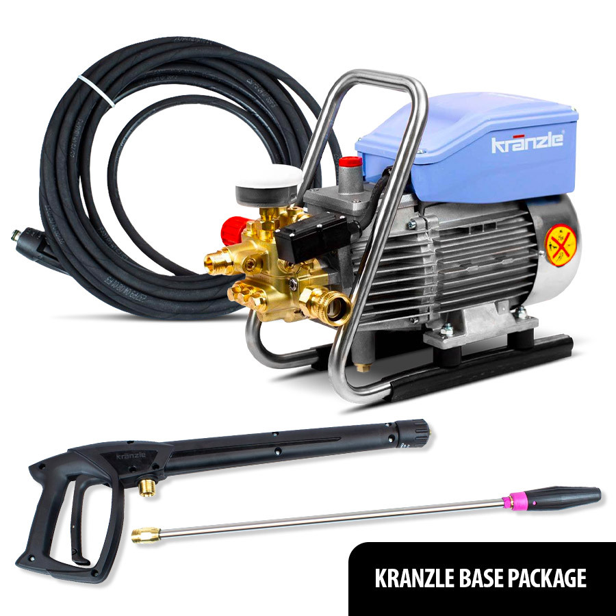 Image of the Kranzle K1622 TS Pressure Washer Base Package, a powerful and compact pressure washing system for commercial and industrial use. Red and black machine with attached hose and wand. Ideal for mobile detailing or other on-the-go applications.