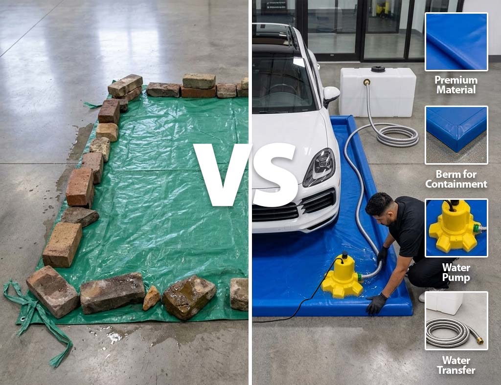 How to choose the best water reclamation system? Low quality versus Rightlook's high quality wash mat system.