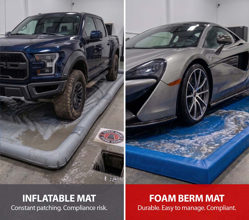 Rightlook Water Reclamation System Foam Berm Wash Mat versus Inflated Wash Mats